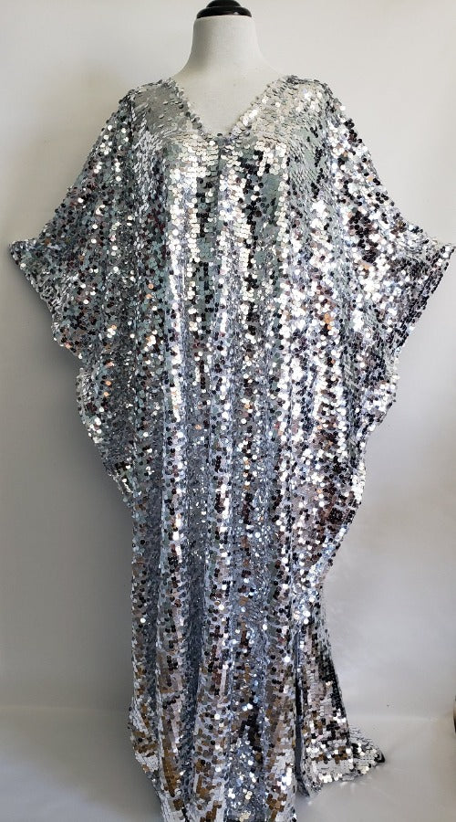 Silver Sequin Dress Caftan Kimono Bridal Kaftan Maxi Dress One size Silver / 50" Silver Sequin Dress Caftan Kimono Bridal Kaftan Maxi Dress One size Silver / 50"