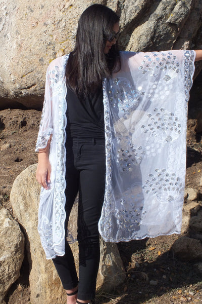 White Sequin Peacock Duster Caftan Kimono Duster Top One size