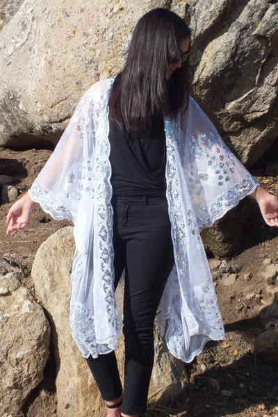 White Sequin Peacock Duster Caftan Kimono Duster Top One size
