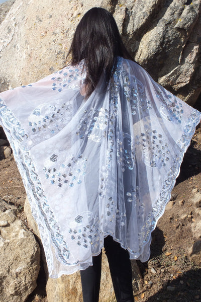 White Sequin Peacock Duster Caftan Kimono Duster Top One size