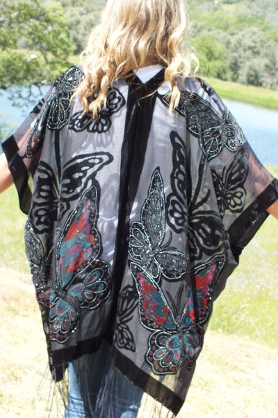 Velvet Duster, Velvet Kimono, Butterfly Print Kimono