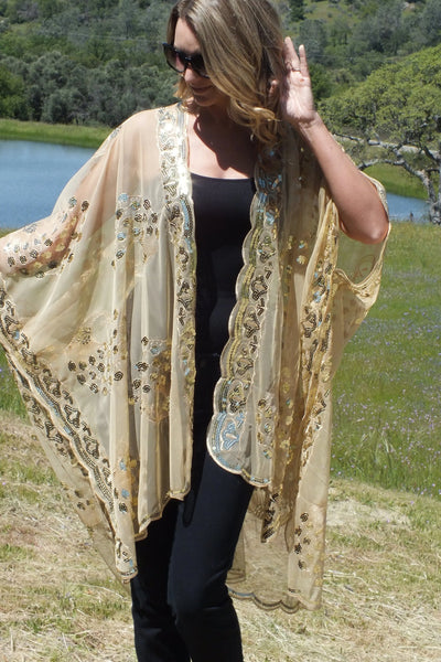 Gold Sequin Peacock Caftan Kimono Top