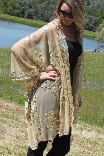 Gold Sequin Peacock Caftan Kimono Top