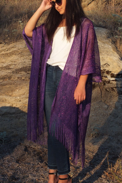 Blue Metallic Mesh Glitter Kimono Top