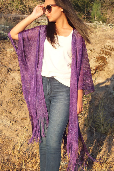 Blue Metallic Mesh Glitter Kimono Top