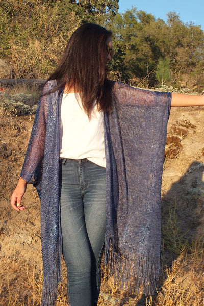 Blue Metallic Mesh Glitter Kimono Top