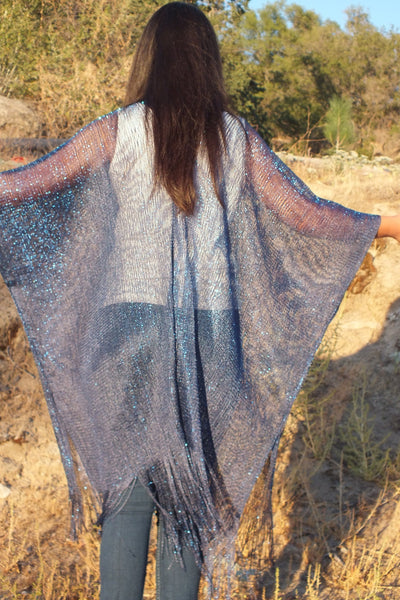 Blue Metallic Mesh Glitter Kimono Top
