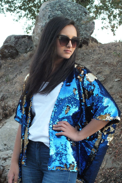 Blue Gold Reversible Sequin Kimono Top