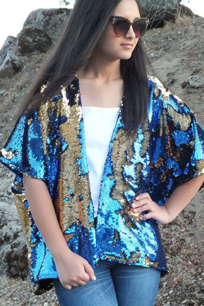 Blue & Gold Iridescent Sword Sequin Jacket / Sequin Kimono/ 