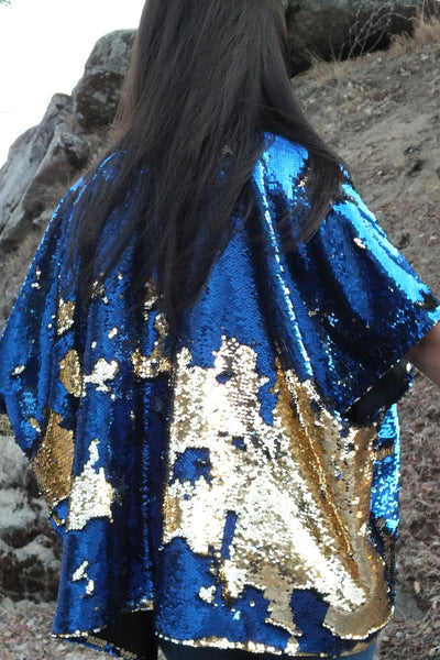 Blue Gold Reversible Sequin Kimono Top