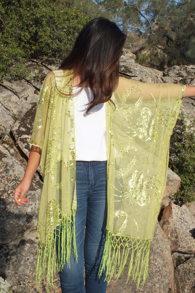 Green Butterfly Sequin Caftan Kimono Top