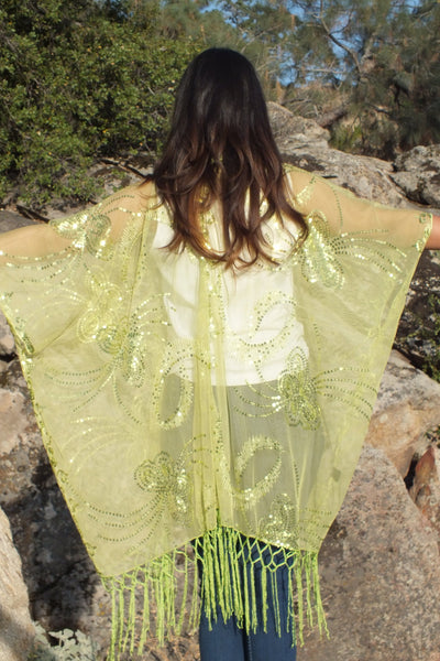 Green Butterfly Sequin Caftan Kimono Top