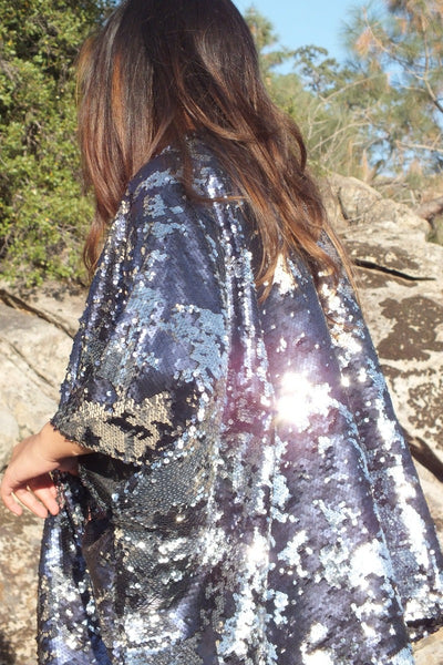 Blue Silver Reversible Sequin Jacket Kimono Top