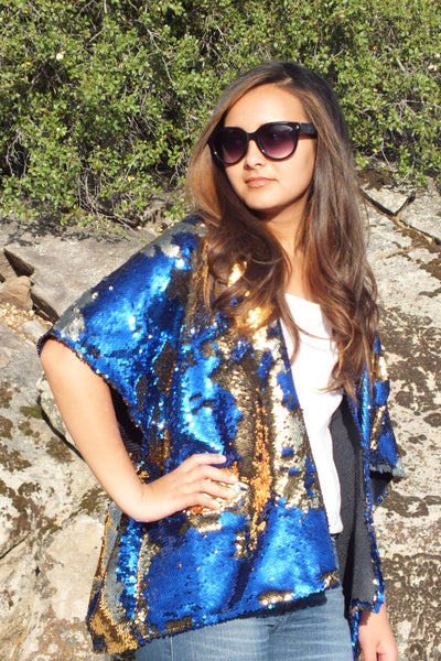Blue Gold Reversible Sequin Kimono Top