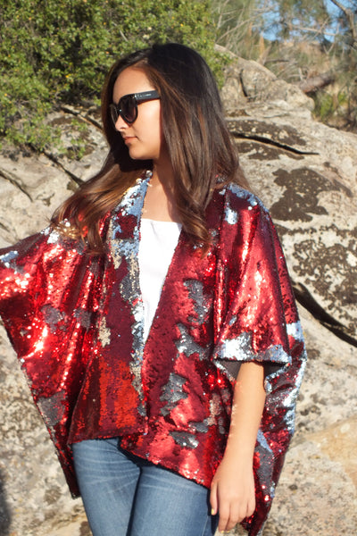 Red Silver Reversible Sequin Kimono Top