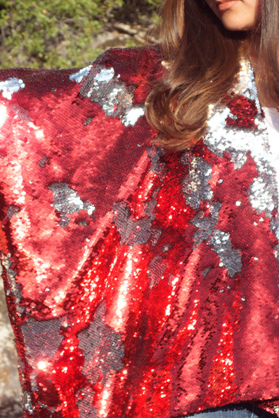 Red Silver Reversible Sequin Kimono Top