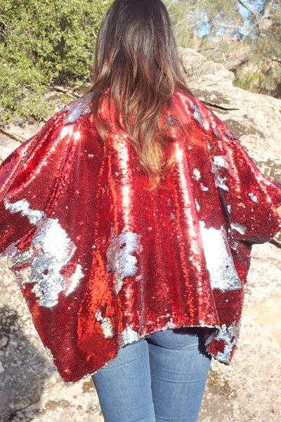 Red Silver Reversible Sequin Kimono Top
