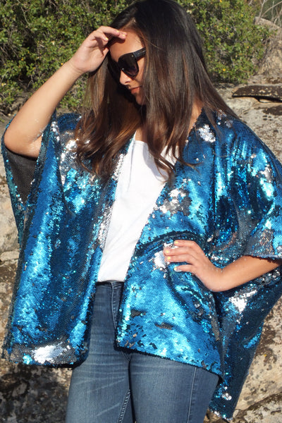 Blue Silver Reversible Sequin Kimono Top