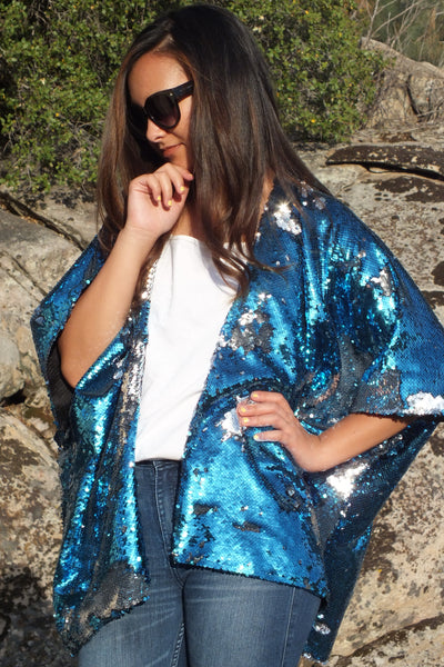 Blue Silver Reversible Sequin Kimono Top