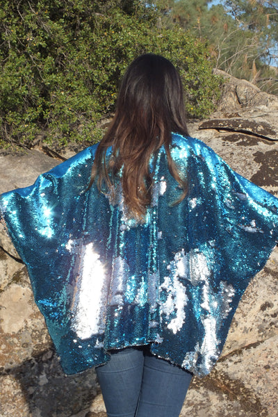 Blue Silver Reversible Sequin Kimono Top