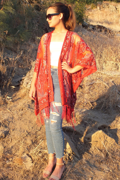 Red Bandana Medallion Burnout Fabric Duster Kimono Ruana Top One size
