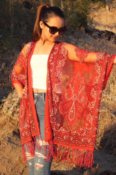 Red Bandana Medallion Burnout Fabric Duster Kimono Ruana Top One size