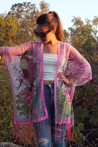 Hot Pink Flower Peacock Print Burnout Duster Kimono Top One size