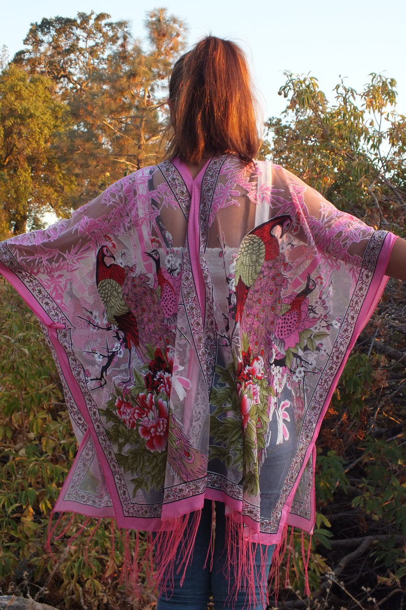 Hot Pink Flower Peacock Print Burnout Duster Kimono Top One size