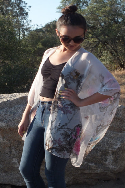 Sheer White Floral Print Tunic Ruana Kimono Top