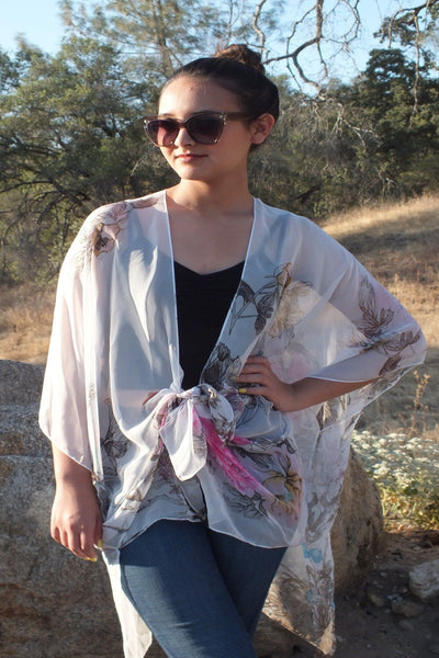 Sheer White Floral Print Tunic Ruana Kimono Top