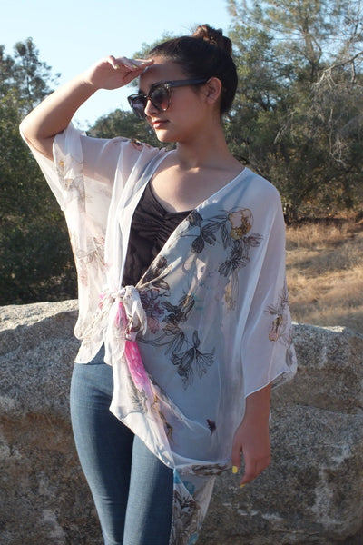 Sheer White Floral Print Tunic Ruana Kimono Top