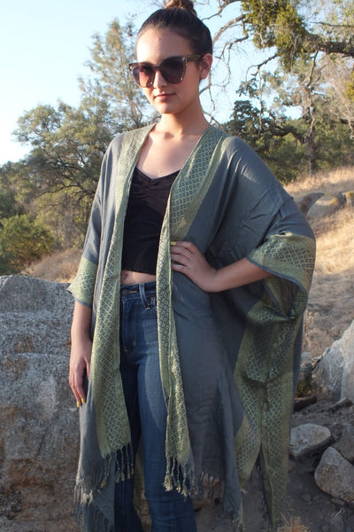 Gray Ethnic Print Festival Caftan Kimono Top One Size