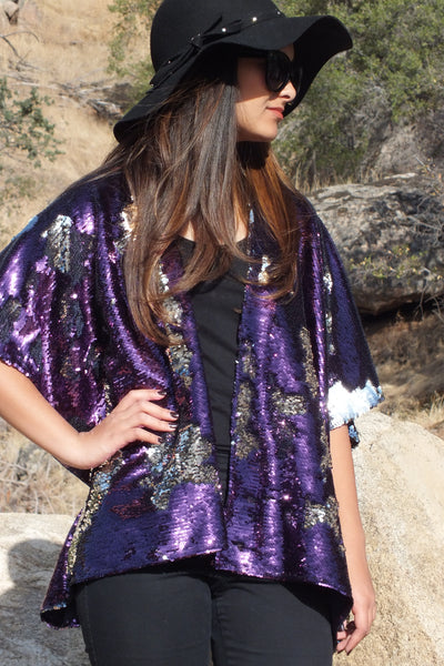 Purple Silver Reversible Sequin Kimono Top
