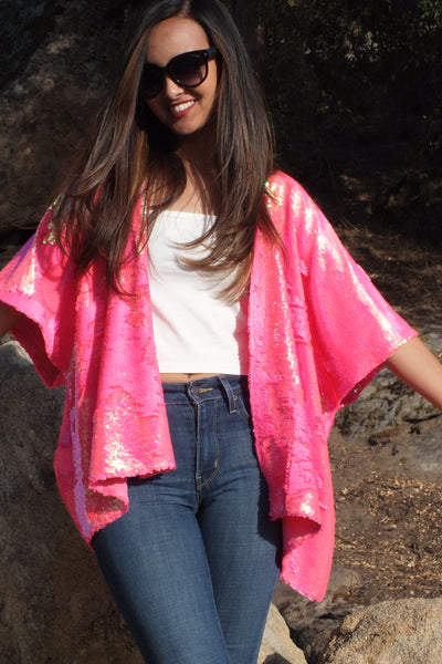 Candy Pink Reversible Sequin Kimono Party Top