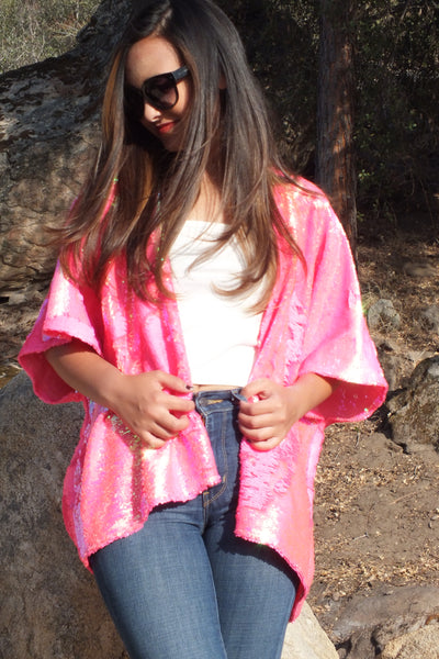 Candy Pink Reversible Sequin Kimono Party Top
