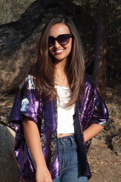 Purple Silver Reversible Sequin Kimono Top