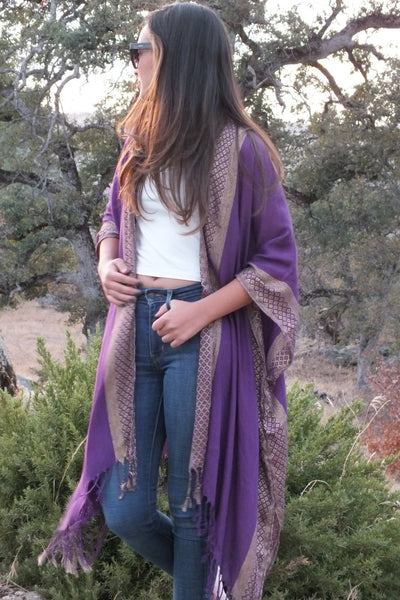 Purple Gold Ethnic Print Festival Caftan Kimono Top Ruana One size