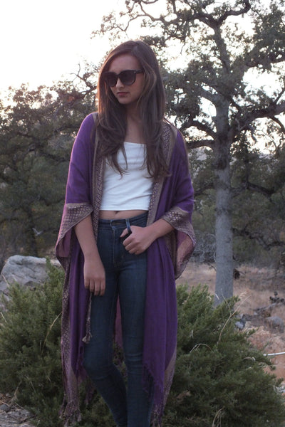 Purple Gold Ethnic Print Festival Caftan Kimono Top Ruana One size