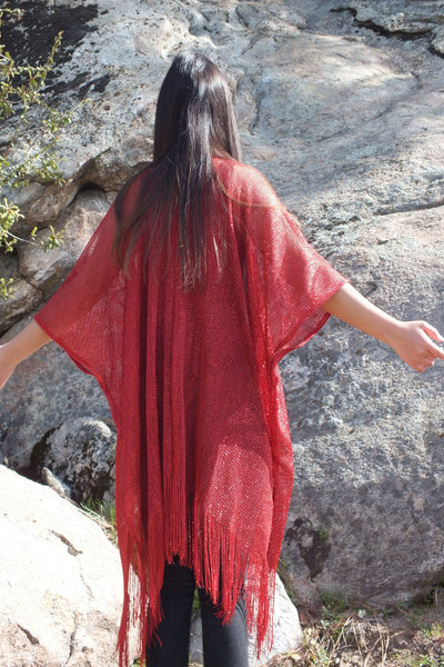 Red Metallic Mesh Festival Kimono Duster Ruana Top One Size