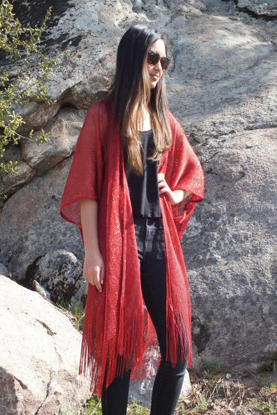 Red Metallic Mesh Festival Kimono Duster Ruana Top One Size