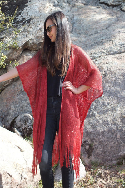 Red Metallic Mesh Festival Kimono Duster Ruana Top One Size