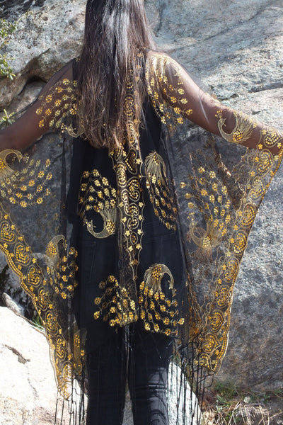 Black Gold Sequin Peacock Caftan Kimono Party Top