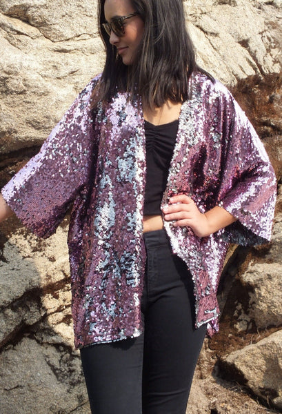 Pink Silver Reversible Sequin Kimono Top