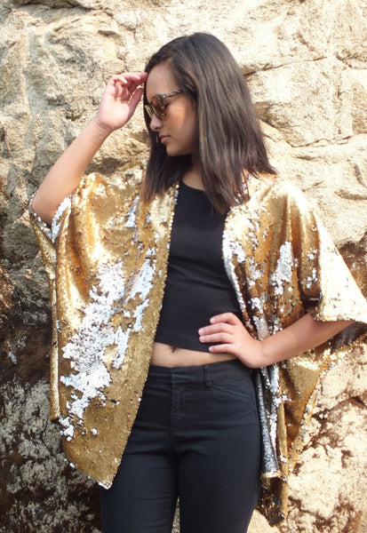 Gold Silver Reversible Sequin Kimono Top