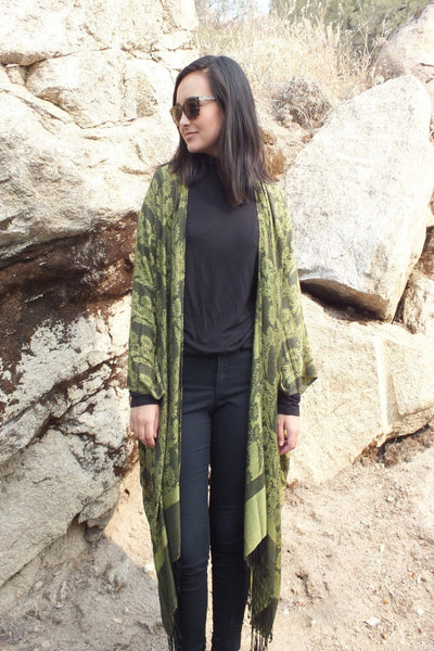 Green Floral Ruana Oversized Long Jacket Poncho Kimono Top One size