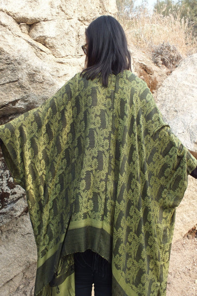 Green Floral Ruana Oversized Long Jacket Poncho Kimono Top One size