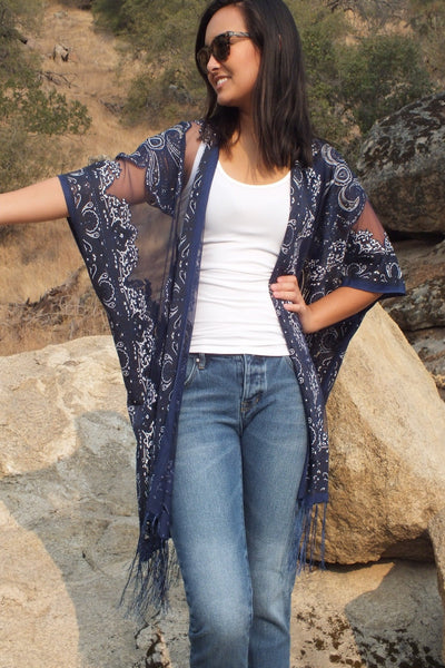 Navy Blue Paisley Bandana Medallion Burnout Fabric Duster Kimono Top One size