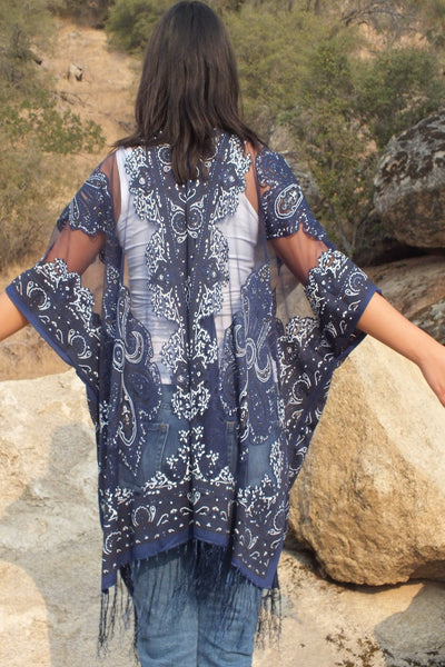 Navy Blue Paisley Bandana Medallion Burnout Fabric Duster Kimono Top One size