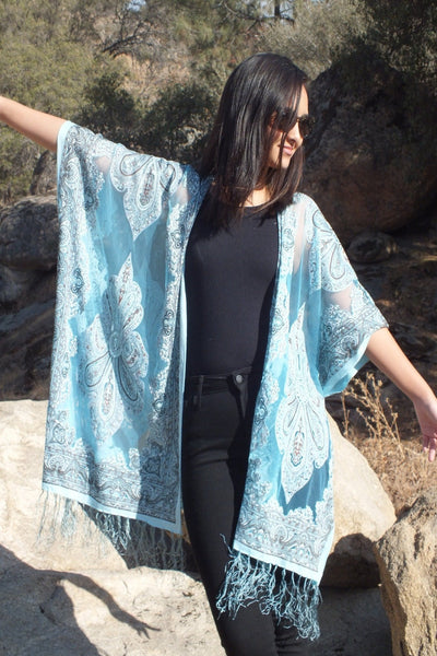 Blue Sheer Paisley Bandana Burnout Fabric Duster Kimono
