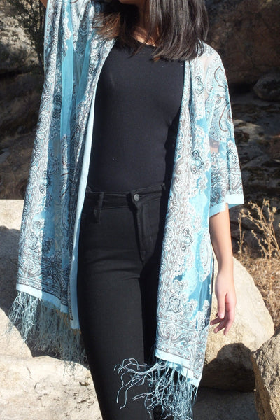 Blue Sheer Paisley Bandana Burnout Fabric Duster Kimono